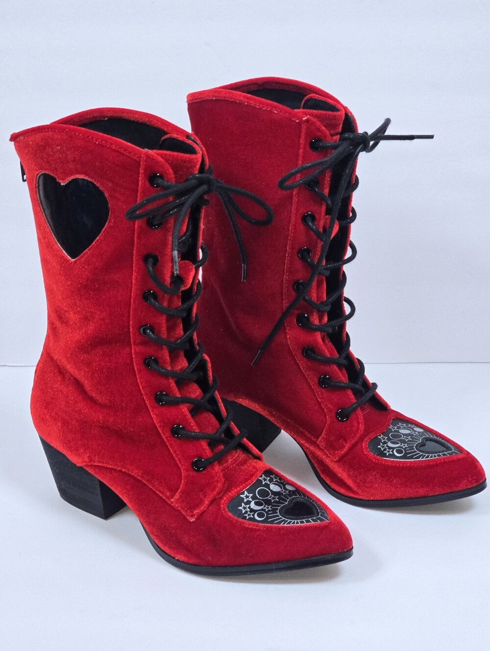 Strange Cvlt Spirit Heart Boot Red Velvet Goth Witchy Planchette Lace Up Sz.7